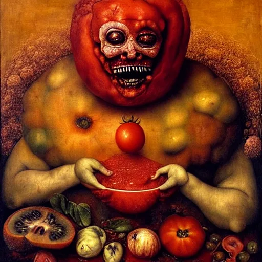 Image similar to a chef sitting in a bathtub full of tomato sauce, looking straight into camera, screaming in pain, by giuseppe arcimboldo and ambrosius benson, renaissance, fruit, intricate and intense oil paint, a touch of beksinski and hr giger, realistic