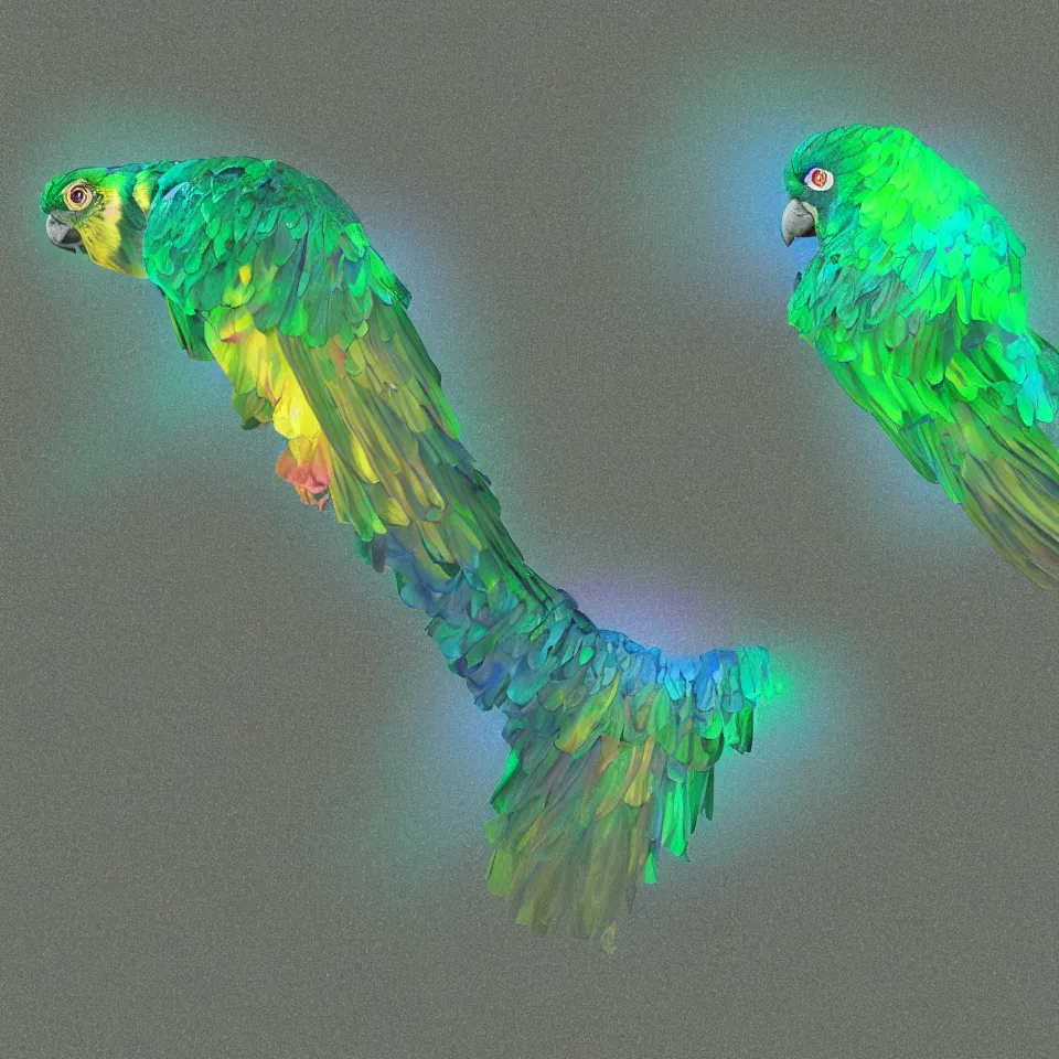 Prompt: celestial opalescent translucent green cheek conure angel made of mother of pearl gleams like the setting sun, oil slick, extremely high quality rendered in blender