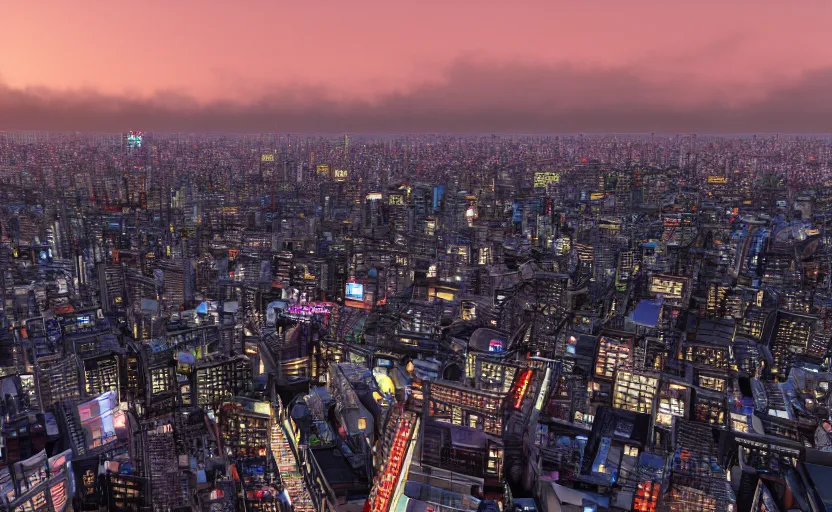 Prompt: unreal engine global illumination render of tokyo city from a rooftop view, sunset lighting, hyper realism, realistic shading, cinematic composition, blender render, octane render, hdr, detailed textures, photorealistic, ultrawide shot, 1 6 mm lens