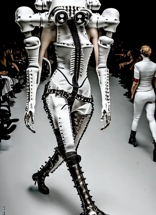 Image similar to walking down the catwalk, steven klein, show, stage, vogue photo, podium, h. r. giger organic steampunk fashion show photo,, beautiful woman, full body shot, masterpiece, inflatable shapes, white biomechanical details, highly detailed