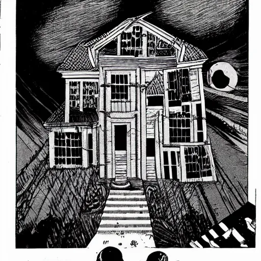 Image similar to a haunted house, by junji ito