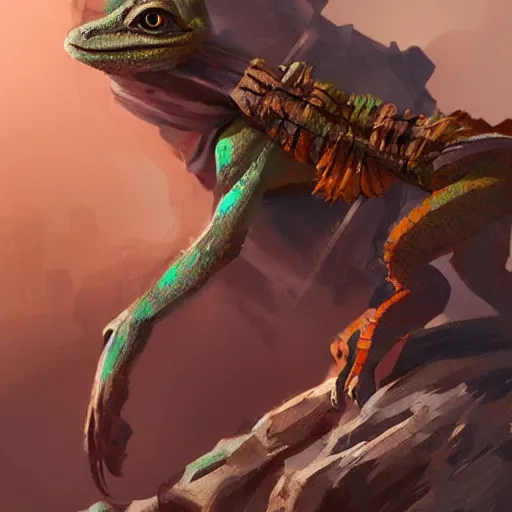 Prompt: very cute!!!!!!!!! anthro lizard standing on two legs, wearing a scarf, desert nomad, battle ready, concept art, trending artstation, apocalyptic, volumetric lighting.