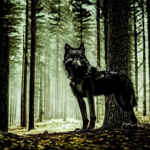 Image similar to werecreature consisting of a human and wolf, photograph captured in a forest