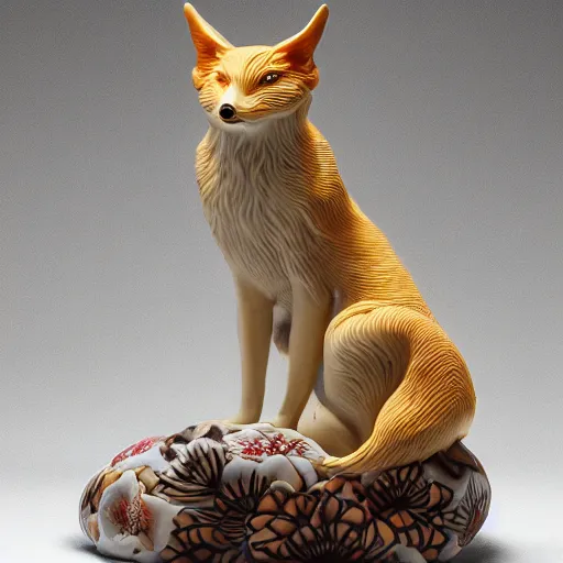 Image similar to A photo-real delicate ceramic porcelain sculpture of an ornate detailed kitsune in front of a intricate background by Victo Ngai and takato yamamoto, micro detail, backlit lighting, subsurface scattering, translucent, thin porcelain, octane renderer, colorful, physically based rendering, japanese pottery, trending on cgsociety