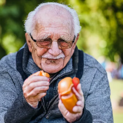 Prompt: portrait of a elderly man throwing a hotdog, 🌭, canon eos r 3, 8 0 mm f / 1. 2, iso 2 0 0, 1 / 1 6 0 s, 8 k, raw, unedited, symmetrical balance,