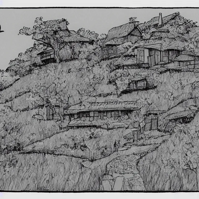 Image similar to drawing of a house on a hill overlooking a body of water, a comic book panel by hayao miyazaki, featured on tumblr, neo - romanticism, wallpaper, minimalistic