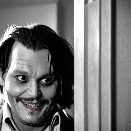 Prompt: Johnny Depp plays Jack Torrance in Shining, he is smashing through the door