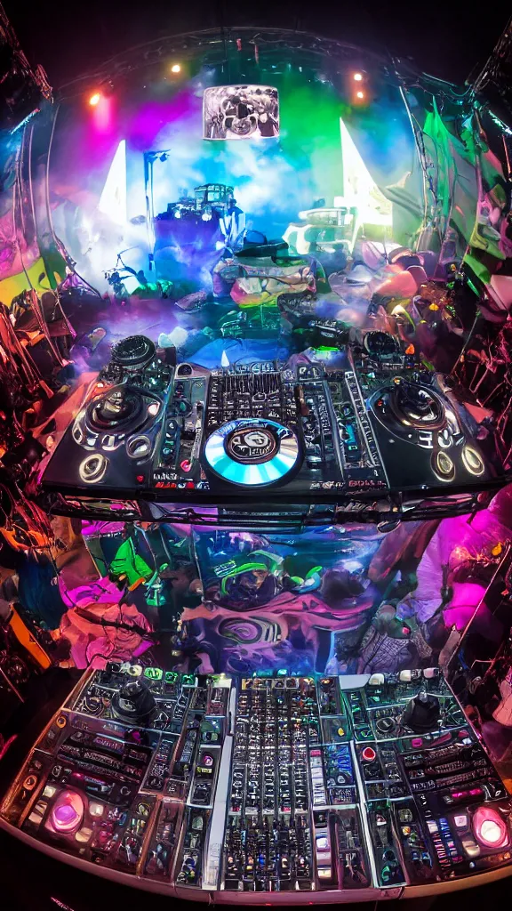 Image similar to award winning photo of an octopus! as a dj with tentacles! simultaneously placed turntables cdjs and knobs of a pioneer dj mixer. sharp, in front of a large crowd, studio, medium format, 8 k detail, volumetric lighting, wide angle, at an outdoor psytrance festival main stage at night