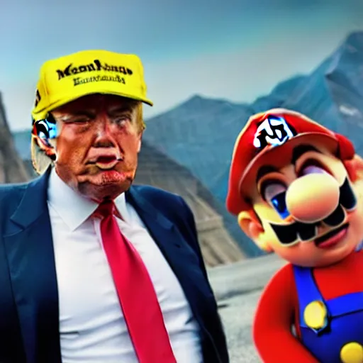 Image similar to uhd candid photo of hyperdetailed donald trump dressed as mario. correct face, cinematic lighting, photo by annie leibowitz, and steve mccurry.