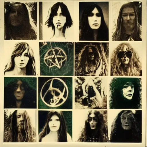 Prompt: 1969, witchcraft, psychedelic hippies, goths, long-haired witch, coven, rockers, rural New York, Polaroid