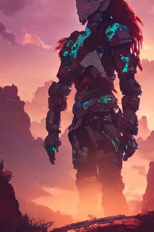 Image similar to combination suit armor aloy horizon forbidden west horizon zero dawn radiating a glowing aura global illumination ray tracing hdr fanart arstation by ian pesty and alena aenami artworks in 4 k tribal robot ninja mask helmet backpack