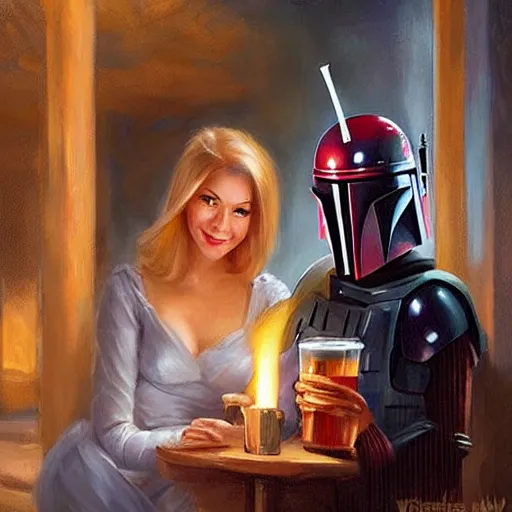 Prompt: blonde woman and Boba Fett drinking beer in a cellar, romantic, cozy, inviting, love, torches, painting by Vladimir Volegov