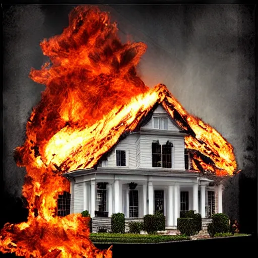 Image similar to “White mansion engulfed in flames, digital art.”