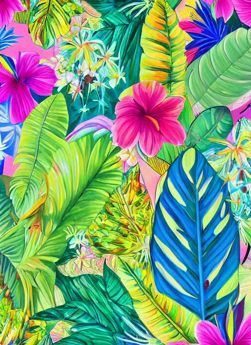 Prompt: a painting of tropical plants and flowers by lisa frank, by picasso, behance, airbrush art, digital painting