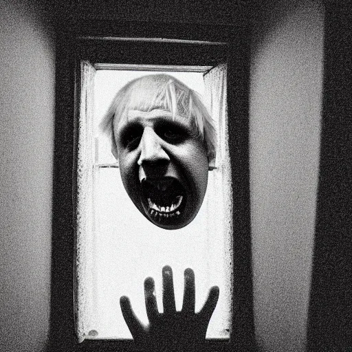 Image similar to photo of the inside of a dark old rainy bedroom window at night with the curtains pulled back, dimly lit creepy | screaming face of boris johnson staring in and pressing his bloody face and hands against the window, horror, scary face, demonic face,