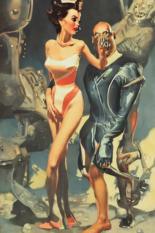 Image similar to 5 0 s pulp scifi fantasy illustration full body portrait elegant woman wearing latex spacesuit standing beside monster, by norman rockwell, edd cartier, roberto ferri, jack kirby, earle bergey, ruan jia, jason fabok, tom lovell, frank r paul, dean cornwell, astounding stories, amazing, fantasy, other worlds