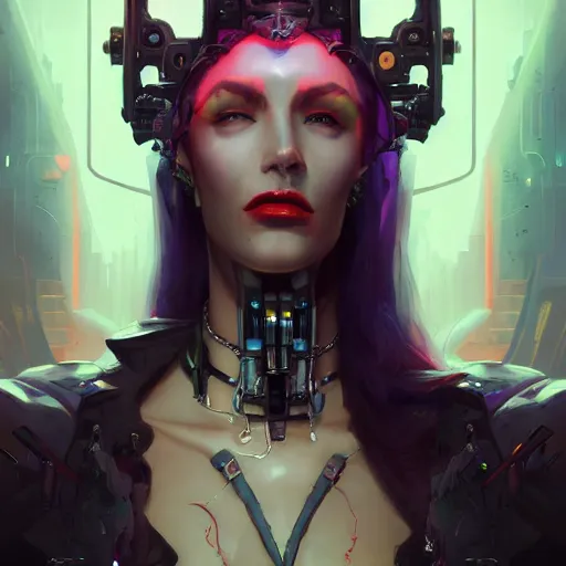 Prompt: a portrait of a cybernetic bride of dracula, cyberpunk concept art by pete mohrbacher and wlop and artgerm and josan gonzalez and syd mead, digital art, highly detailed, intricate, sci - fi, sharp focus, trending on artstation hq, deviantart, unreal engine 5, 4 k uhd image