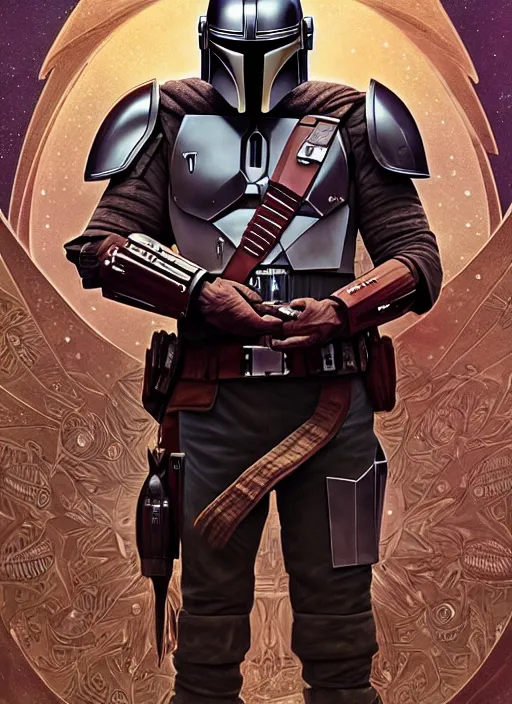 Prompt: the mandalorian surrounded by starlight, moon behind him, fantasy, intricate, elegant, hyper detailed, ultra definition, photoreal, artstation, unreal engine rendered, concept art, smooth, sharp focus, illustration, art by artgerm and pendleton ward and alphonse mucha and klimt i - 4