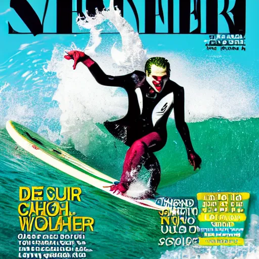 Prompt: the joker catching a wave, cover of surfer magazine, july 2 0 1 1