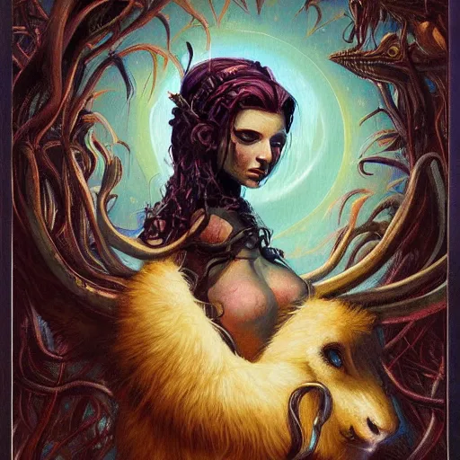 Image similar to portrait of princess of the dreamlands and moon beast, beautiful! coherent! by brom, deep colors, strong lines, high contrast