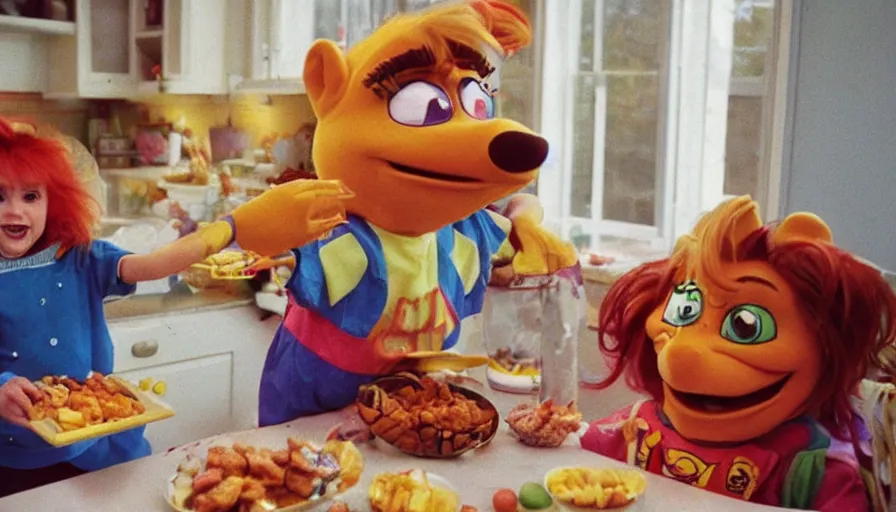 Prompt: 1 9 9 0 s candid 3 5 mm photo of a beautiful day in the family kitchen, cinematic lighting, cinematic look, golden hour, an absurd costumed mascot from the jimbles the super pony show is eating all of the kids cereal, the kids are hungry and the mascot is eating all of their food, uhd