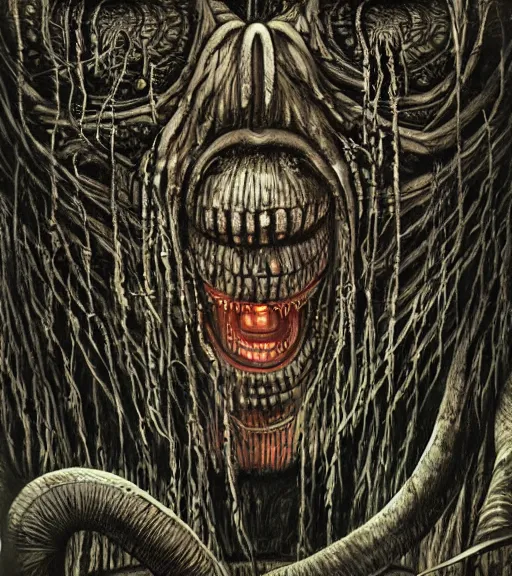 Image similar to lovecraftian donkey kong by wayne barlow, stanley donwood, anton semenov, zdzislaw bekinski, hr giger, 8 k, fantasy, dark, highly detailed