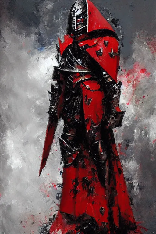 Image similar to crusade paladin in red and black armor painting, henry asencio, craig mullins, greg ruthowski