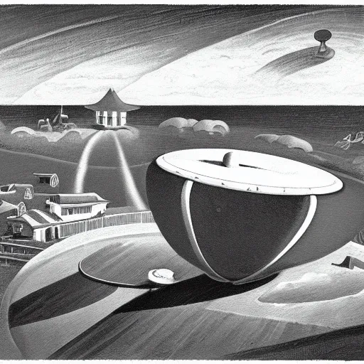 Image similar to painting of mysterious alien saucer hovering over seaside village, 1938, by Thomas Hart Benton