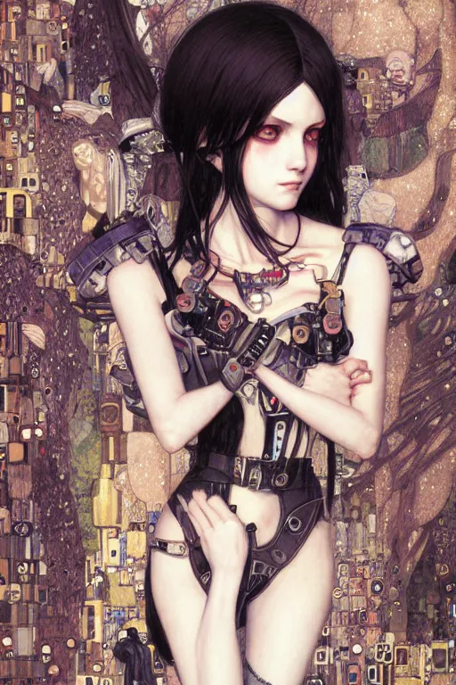 Image similar to portrait of beautiful young gothic maiden, cyberpunk, Warhammer, highly detailed, artstation, illustration, art by Gustav Klimt and Range Murata and Ilya Kuvshinov