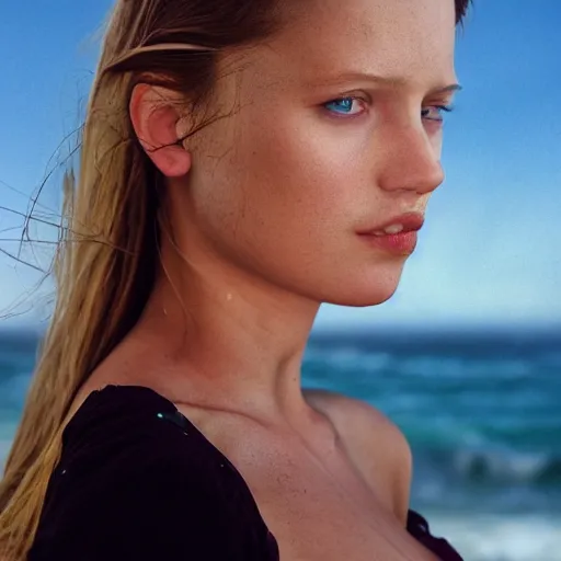 Image similar to portrait of a beautiful a young cornish woman, beach pic, depth of field, zeiss lens, detailed, symmetrical, centered, fashion photoshoot, by annie leibovitz and steve mccurry, david lazar, jimmy nelsson, breathtaking, 8 k resolution, extremely detailed, beautiful, establishing shot, artistic, hyperrealistic, beautiful face, octane render