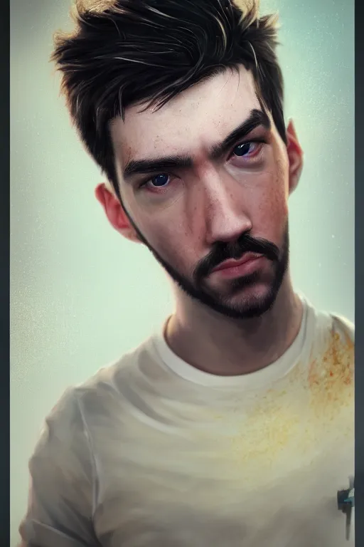 Prompt: a fancy portrait of Seán William McLoughlin, jacksepticeye by Sung Choi, Mitchell Mohrhauser, Maciej Kuciara, Johnson Ting, Maxim Verehin, Peter Konig, 8k photorealistic, cinematic lighting, HD, high details, atmospheric,