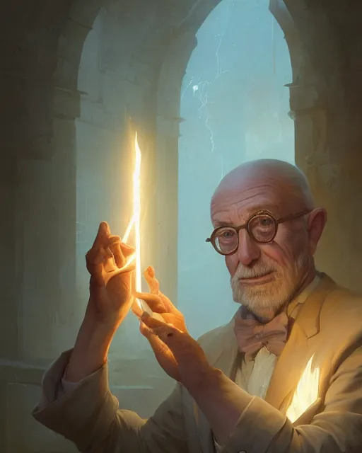 Prompt: highly detailed vfx portrait of an old and tired beppe hrillo casting a light spell, unreal engine, greg rutkowski, loish, rhads, beeple, makoto shinkai and lois van baarle, ilya kuvshinov, rossdraws, tom bagshaw, alphonse mucha, global illumination, detailed and intricate environment