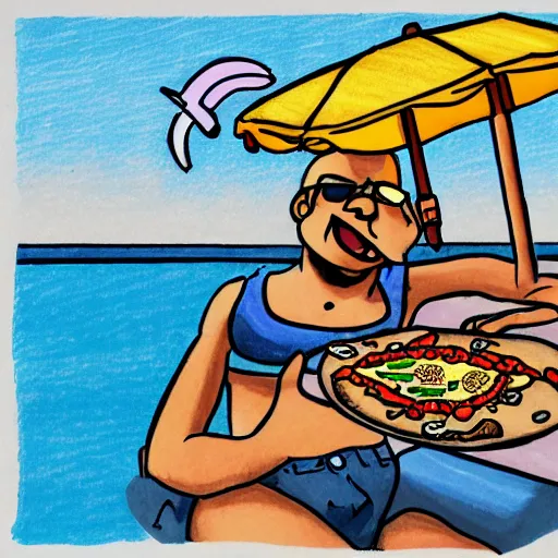 Prompt: a detailed drawing of a happy person who smoked too much weed, sunny day at the beach. pizza and pepsi at his side, joint still lit.