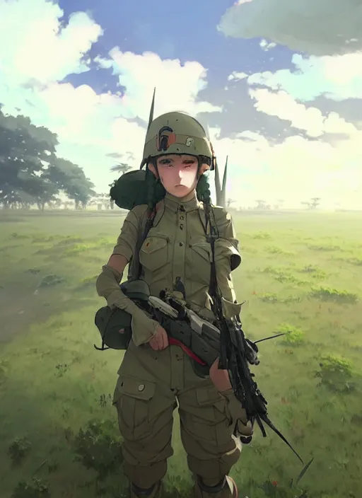 Image similar to portrait of cute soldier girl taking cover, cloudy sky background lush landscape illustration concept art anime key visual trending pixiv fanbox by wlop and greg rutkowski and makoto shinkai and studio ghibli and kyoto animation soldier clothing military gear realistic anatomy mechanized