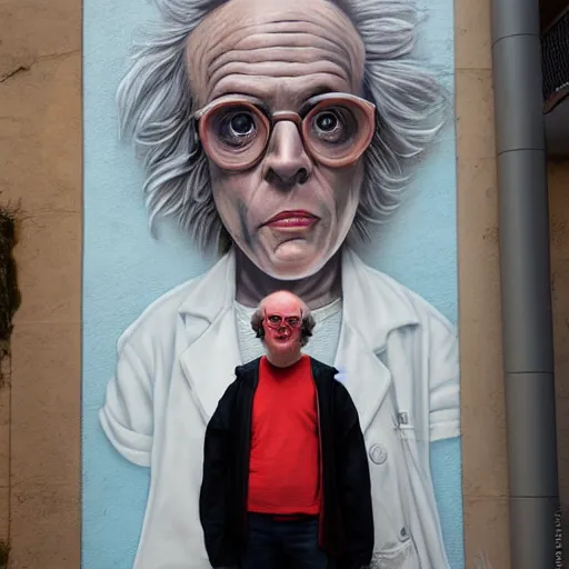 Image similar to Street-art portrait of doctor Emmett Brown from back to the future movie in style of Etam Cru