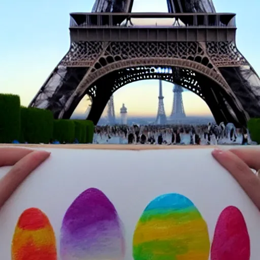 Image similar to A polar bear painting easter eggs in front of the Eiffel Tower