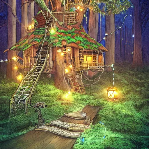 Prompt: detailed concept art of a cozy treehouse with fairy lights, in a redwood forest