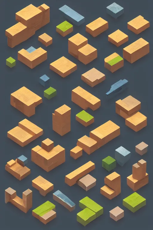 Prompt: different isometric props by the artist Arthur Gimaldinov Rendering six different isometric game assets on the shape of blocks , full of details, by Evan Lee and Jason Nguyen , art book, trending on artstation