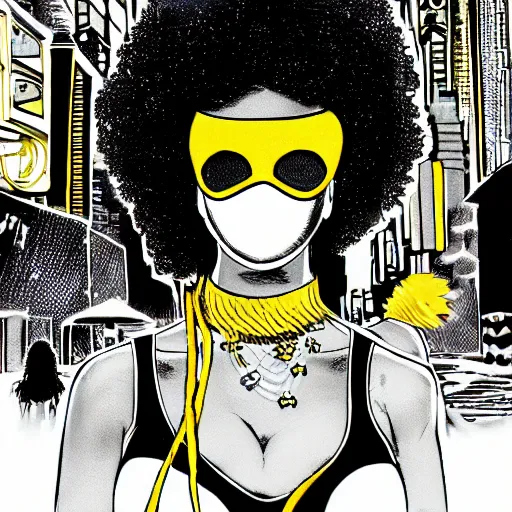 Prompt: afrofuturist woman walking down a very crowded and busy street wearing gold jewelry and a mask, simple, cyberpunk, far shot, 1970s X-Men art style