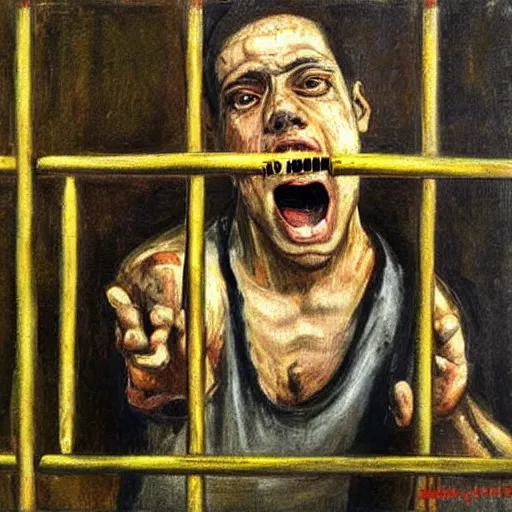 Image similar to a screaming prisoner holding prison bars, realism old painting