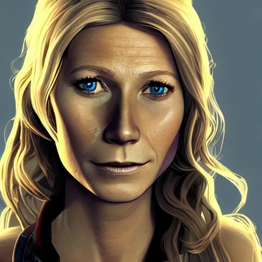 Prompt: gwyneth paltrow portrait, borderlands, tales from the borderlands, the wolf among us, comic, cinematic lighting, studio quality, 8 k