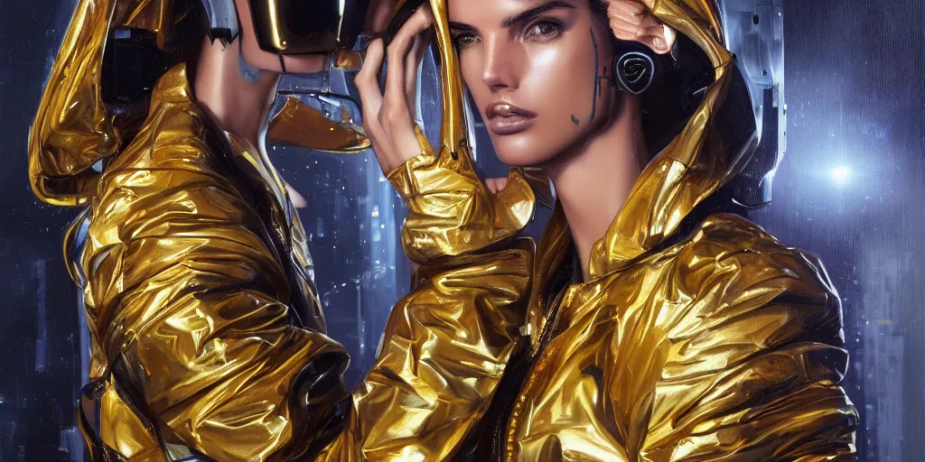 Prompt: cyberpunk, cyberspace, portrait of alessandra ambrosio in gold space suit, painted by bobby chiu, painted by igor kieryluk, digital art, trending on artstation