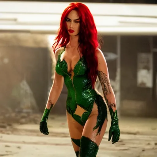 Image similar to stunning awe inspiring megan fox as poison ivy, movie still 8 k hdr atmospheric lighting