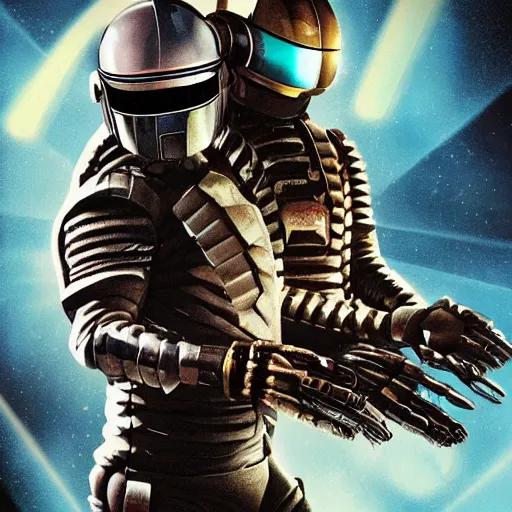 Image similar to Horror movie poster, Featuring both members of Daft punk, Text reads “Dead Space, highly detailed, hyperrealistic, octane, :: Horror movie poster, Featuring two figures wearing the scifi gear from “Dead Space”, Text reads “Dead Space, highly detailed, hyperrealistic, octane