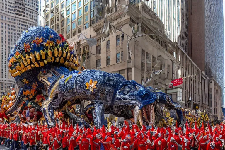 Prompt: photo of giant beautiful elaborate parade float designed by geoff darrow!!!!!!!! and ( ( ( ( ( ( hr giger ) ) ) ) ) ), in the macys parade, detailed 4 k photo