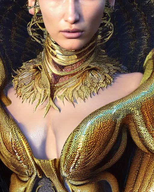 Prompt: a highly detailed metahuman 8 k close up render of bella hadid as a black snake renaissance in iris van herpen dress schiaparelli in diamonds crystals swarovski and jewelry iridescent in style of alphonse mucha gustav klimt trending on artstation made in unreal engine 4