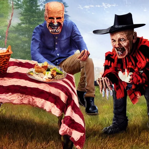 Image similar to freddy krueger, lich lenin and joe biden on a picnic, photo portrait, hyper realism, creepy, symmetry, awesome exposition, very detailed, highly accurate, professional lighting diffracted lightrays, 8 k, sense of awe