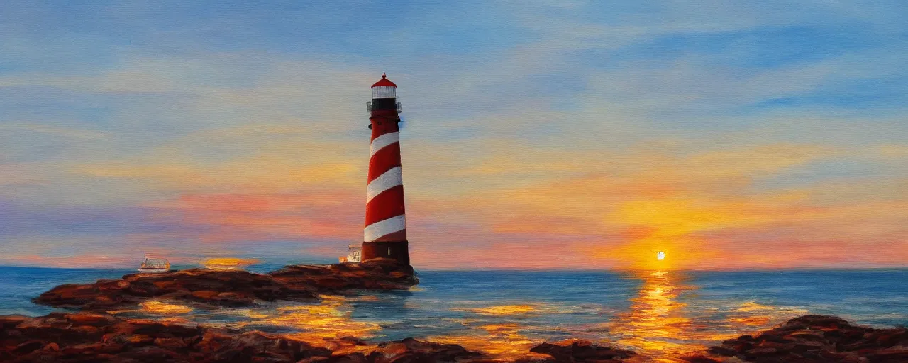 Image similar to A painting of a lighthouse by the ocean at sunset