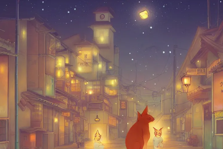 Image similar to fantasy art of glowing cute caracal swimming in the air, in the streets of a japanese town at night, with people watching in wonder, in the style of ponyo, highly detailed digital art, trending on artstation