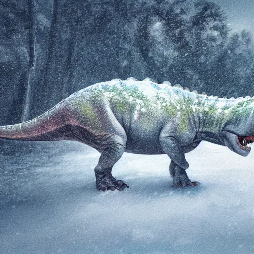 Prompt: a dinosaur in a snowstorm